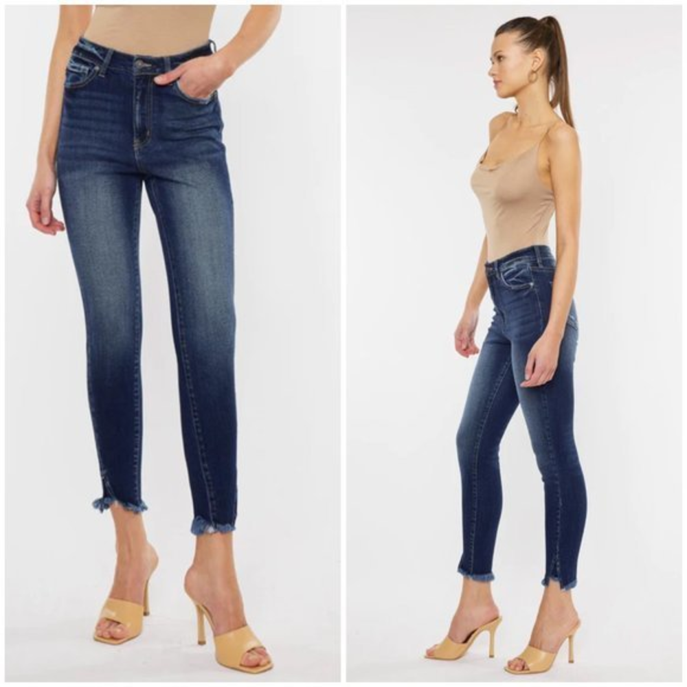 Kancan 5 26 Dark Wash Fringe Raw Hem‎ Stretch Layna High Rise Ankle Skinny Jeans